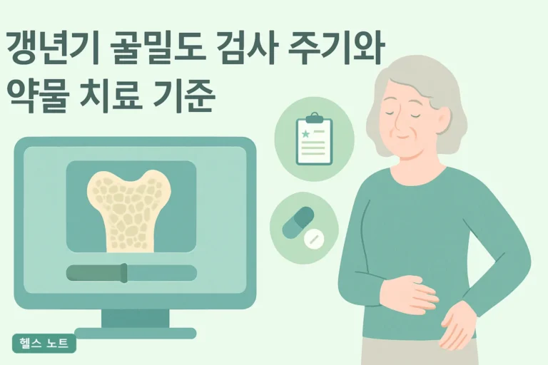 갱년기 골밀도 검사 주기와 약물 치료 기준 2026 총정리, T-score -2.5와 FRAX 기준표