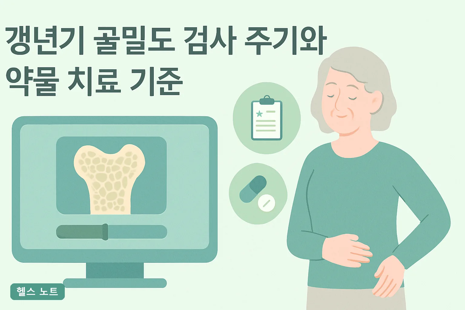 갱년기 골밀도 검사 주기와 약물 치료 기준 2026 총정리, T-score -2.5와 FRAX 기준표
